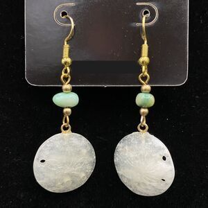 Handmade Stone Sand Dollar & Iridescent Green Shell Bead Earrings by Neanie-Bot
